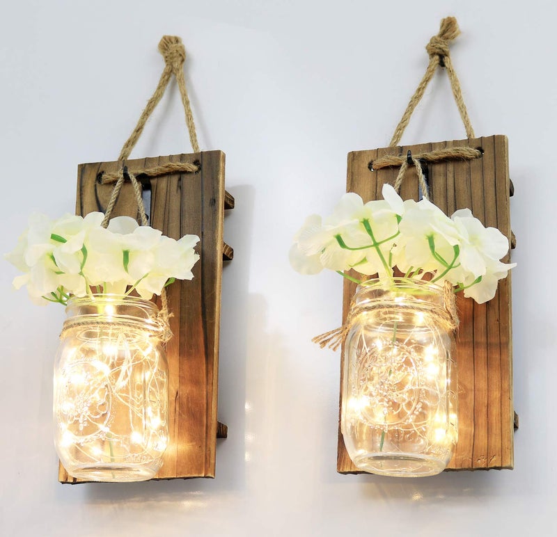 Greenco GRC2859 Wall Hung Mason Jar Sconce with Faux Flower and Led Strip Lights, Rustic - Image 4